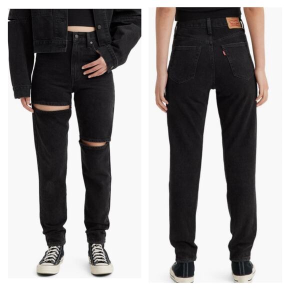 LEVIS Sliced High Waisted Mom Jean Womens 29 X 27 Black Tapered Rigid Denim NEW - Picture 2 of 16